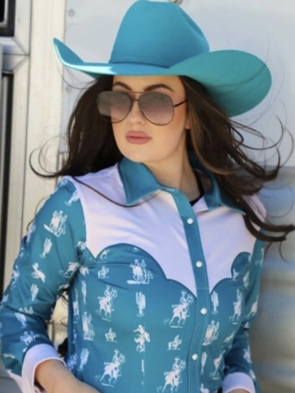 RANCH DRESS'N Fallon Taylor "Buckaroo" Turquoise & White Rodeo Performshirt sz S - Picture 3 of 14